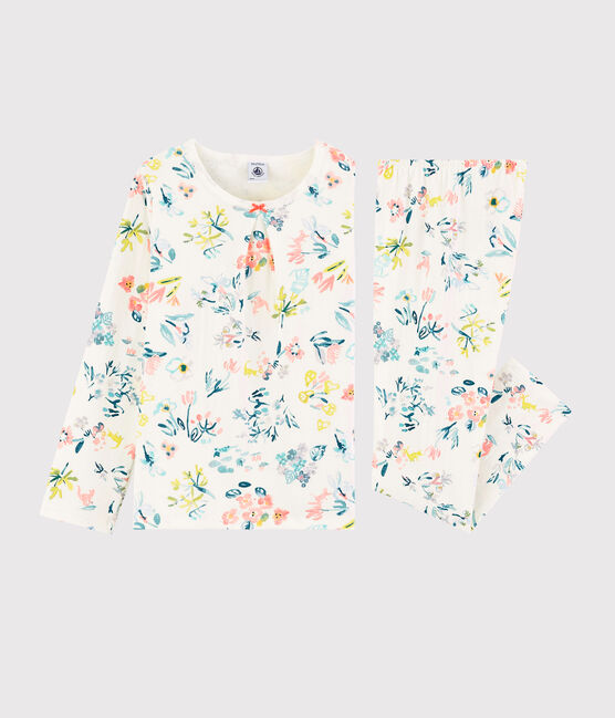 Kinderpyjama aus Doppeljersey mit Frühlingsblumenmotiv für Mädchen weiss MARSHMALLOW/weiss MULTICO