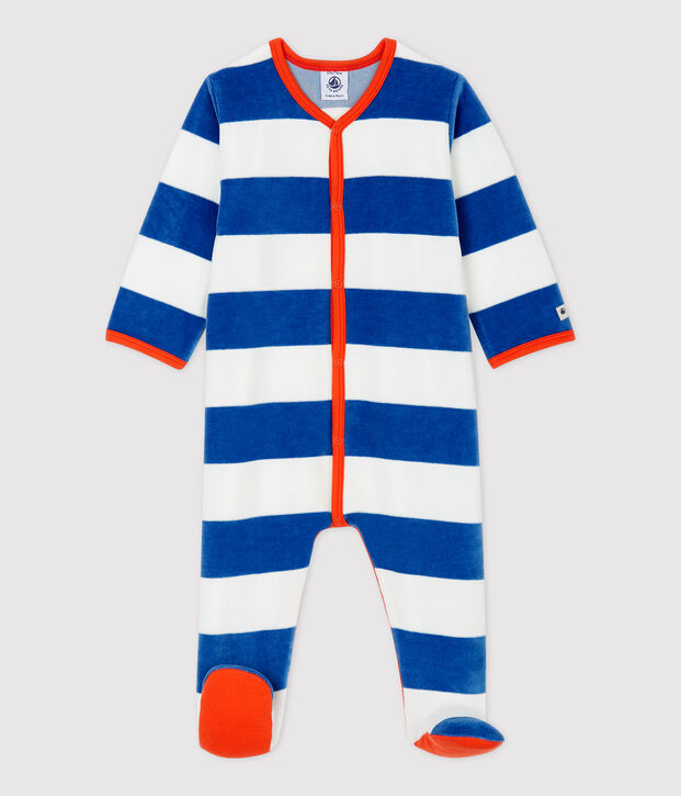 Baby-Strampler aus Velours mit blauen Streifen blau/beige