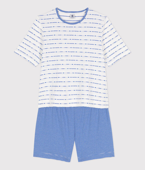Kurz-Pyjama aus Baumwolle für Damen weiss MARSHMALLOW/blau PERSE