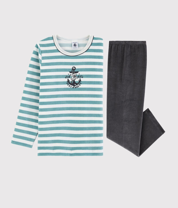 Kinderpyjama aus Nicki mit Ankermotiv f&uuml;r Jungen weiss/blau/vielfarbig