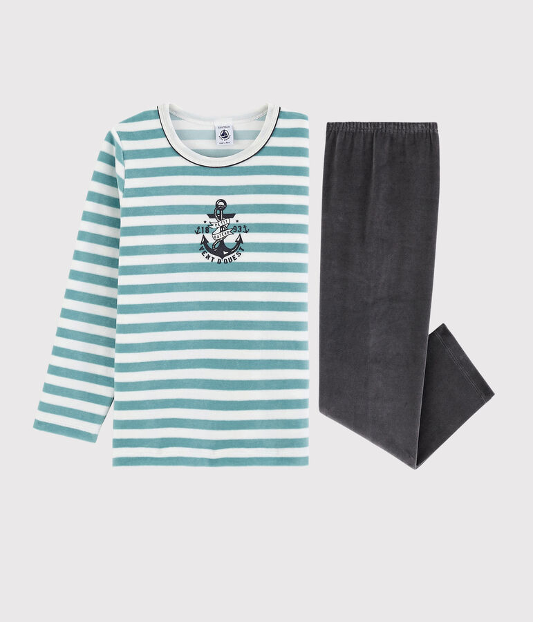 Kinderpyjama aus Nicki mit Ankermotiv f&uuml;r Jungen weiss/blau/vielfarbig