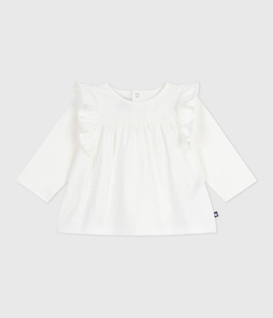 Langärmelige Baby-Bluse aus einfarbiger Baumwolle weiss MARSHMALLOW