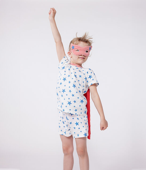 Kinder-Kurzpyjama zum Verkleiden aus phoshoreszierender Baumwolle mit Cape weiss/vielfarbig