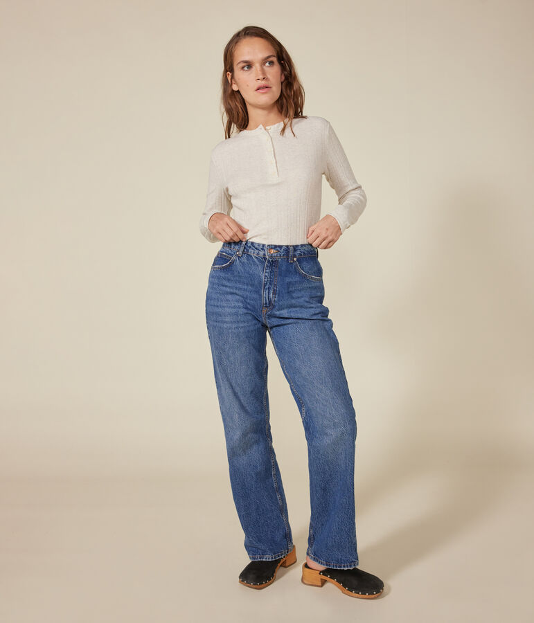 Lang&auml;rmeliges Damen-T-Shirt mit Kragen mit Knopfleiste im einfarbigen Nadelzug-Strick beige