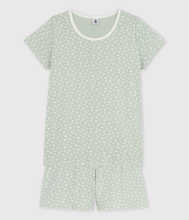 Kinder-Kurzpyjama aus Baumwolle mit Blumen f&uuml;r M&auml;dchen gr&uuml;n/weiss