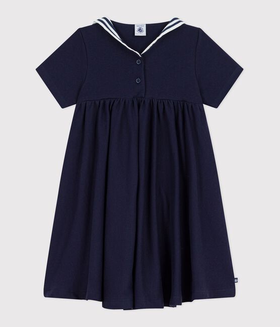 Kurzärmeliges Kinder-Kleid aus einfarbiger Baumwolle blau SMOKING