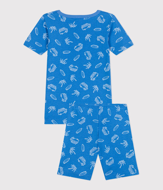 Eng anliegender Kinder-Kurzpyjama aus Baumwolle mit Minibus-Motiv blau BRASIER/grau MARSHMALLOW