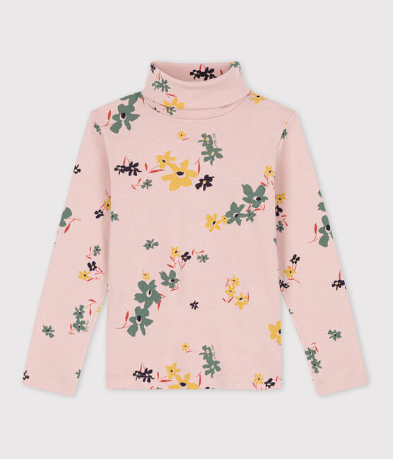Kinder-Rollkragenshirt aus Baumwolle für Mädchen, mit Blumenmuster rosa SALINE/weiss MULTICO