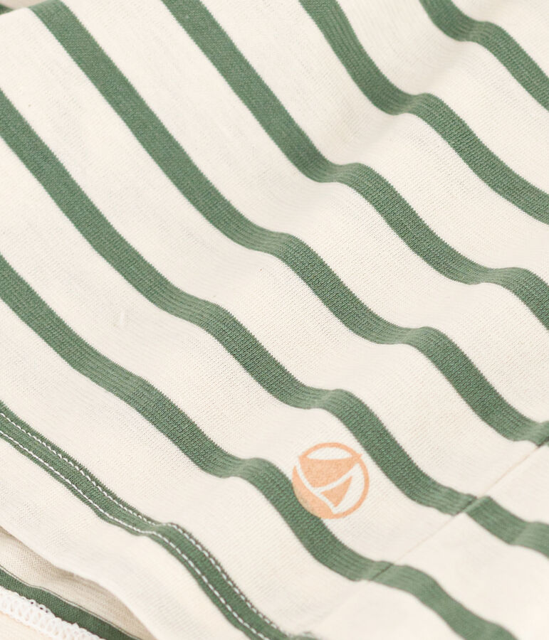Gestreiftes Damen-T-Shirt Le Droit mit V-Ausschnitt aus Baumwolle naturfarben/gr&uuml;n