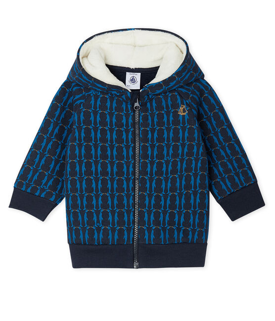 Baby-Kapuzensweatshirt aus Molton für Jungen, gemustert und mit Sherpa-Futter blau SMOKING/weiss MULTICO