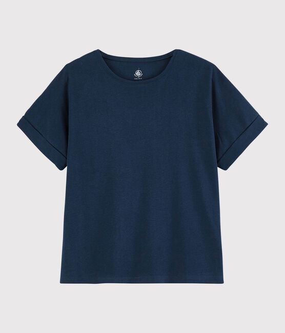 Einfarbiges T-Shirt aus Baumwolle/Leinen Damen blau MEDIEVAL
