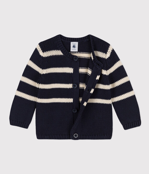 Baby-Cardigan aus gestreiftem Baumwollstrick blau/naturfarben