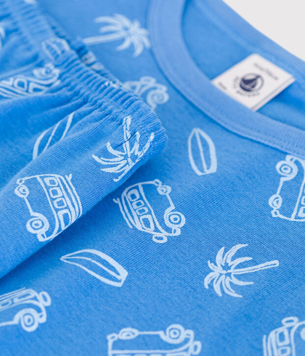Eng anliegender Kinder-Kurzpyjama aus Baumwolle mit Minibus-Motiv blau/weiss