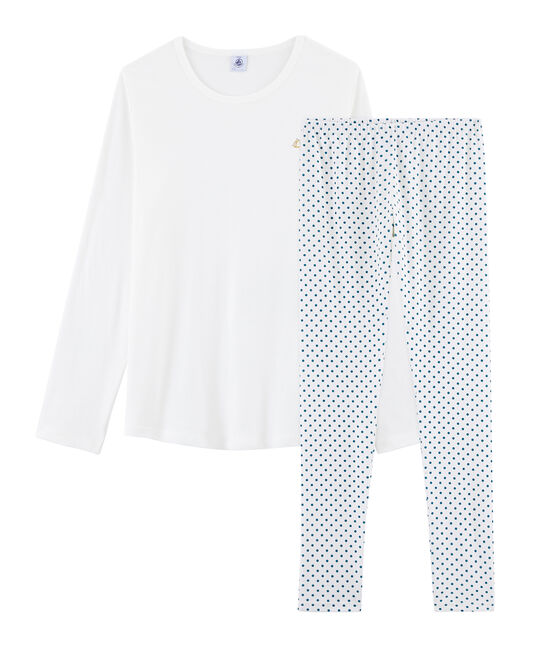 Rippstrick-Pyjama für Mädchen weiss MARSHMALLOW/blau CONTES