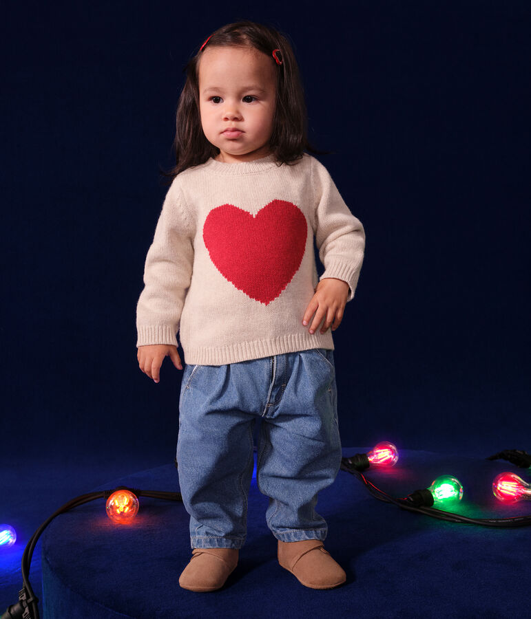 Baby-Strickpullover mit Wollanteil naturfarben/rot