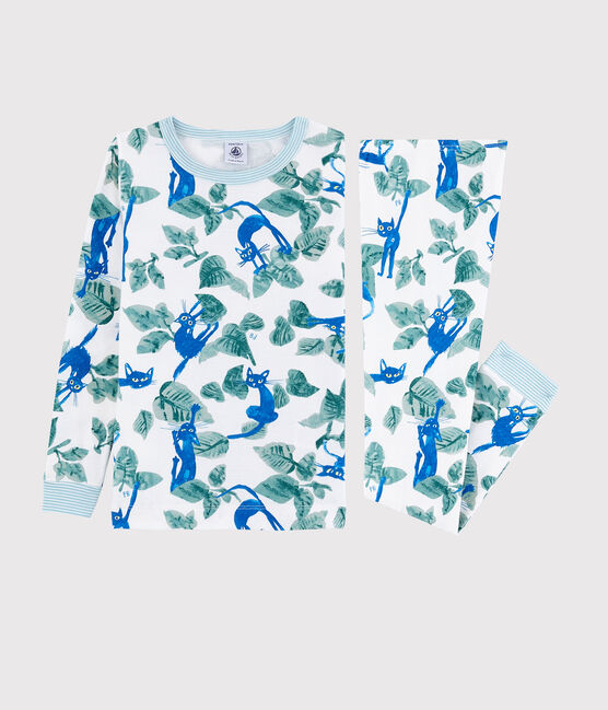 Snugfit-Kinderpyjama aus Baumwolle mit Katzenmotiv für Jungen weiss MARSHMALLOW/weiss MULTICO