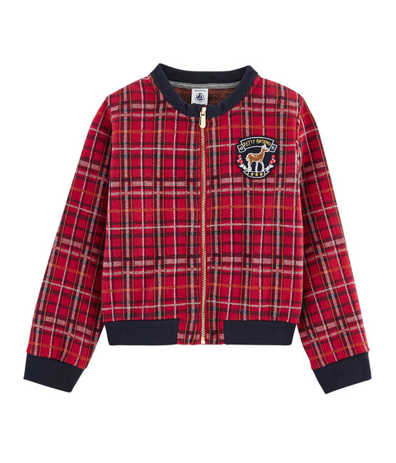 Collegejacke aus Tartanstrick Mädchen rot TERKUIT/weiss MULTICO