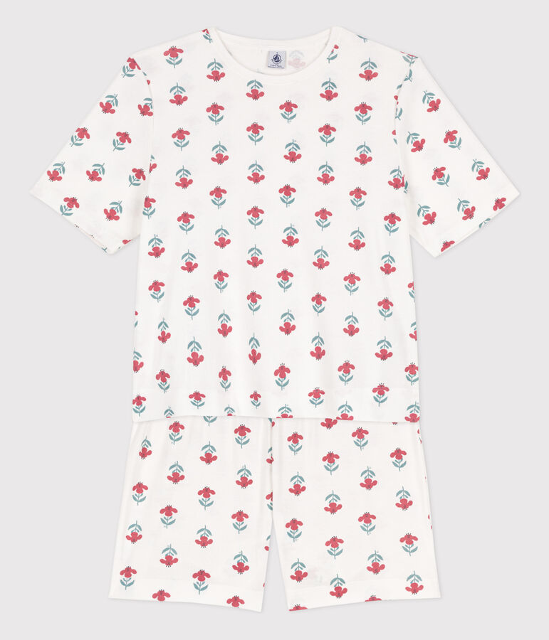 Kurzpyjama aus Baumwolle mit Blumen f&uuml;r Damen weiss/vielfarbig