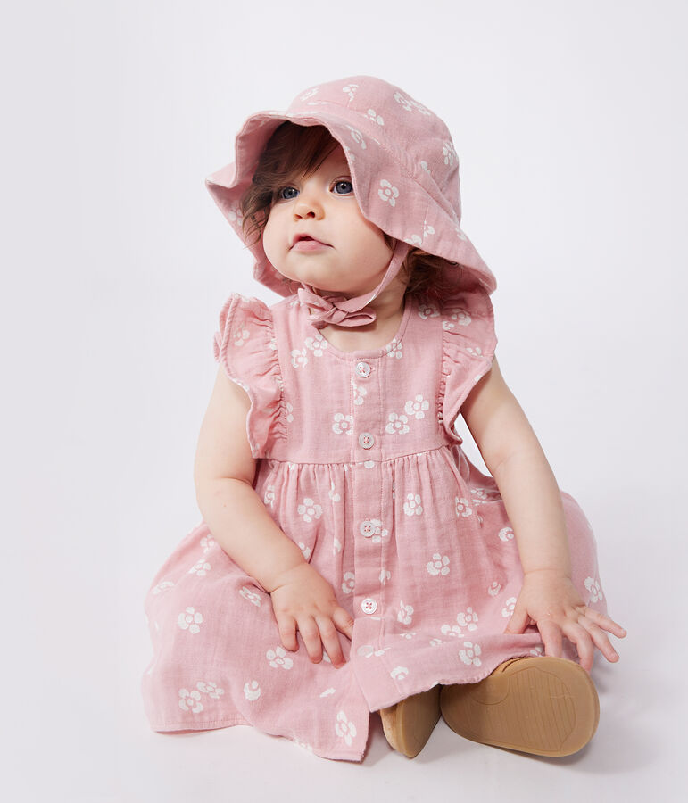 Babykleid mit Bloomer aus gebl&uuml;mtem Musselin-Stoff rosa/weiss