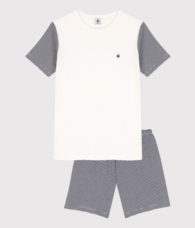 Kinder-Kurzpyjama aus Baumwolle mit Ringelstreifen f&uuml;r Jungen blau/weiss
