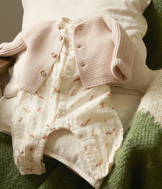 Langer Baby-Overall aus Baumwollgaze mit Vogelmotiv naturfarben/vielfarbig