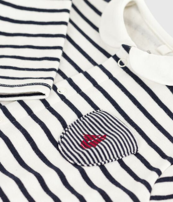 Baby-Overall mit Kragen aus Baumwolle und Matrosenstreifen weiss MARSHMALLOW/blau SMOKING