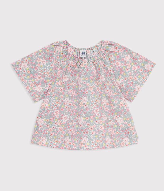 Kurz&auml;rmelige Kinder-Bluse aus Baumwolle mit Blumenmuster blau/vielfarbig