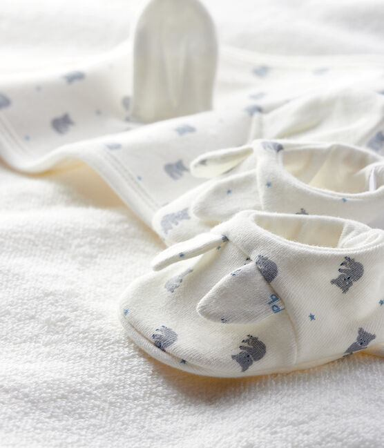 Box mit Badetuch und Babyschuhen aus Frottee und Bio-Baumwolle weiss MARSHMALLOW/grau GRIS/ MULTICO