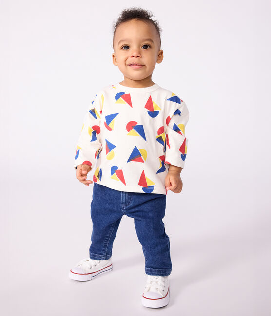 Langärmeliges Baby-T-Shirt aus Baumwolle mit Schiffchenmuster MILK/ MULTICO