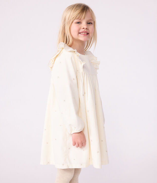 Lang&auml;rmeliges Kinder-Kleid aus einfarbigem Fein-Cord. naturfarben/grau