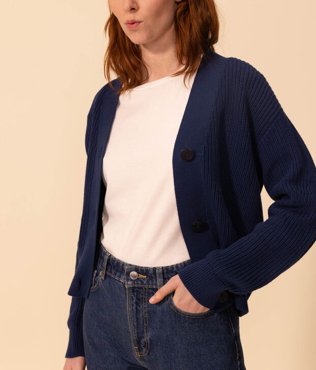 Damen-Cardigan aus Baumwolle, in Patentmuster gestrickt blau
