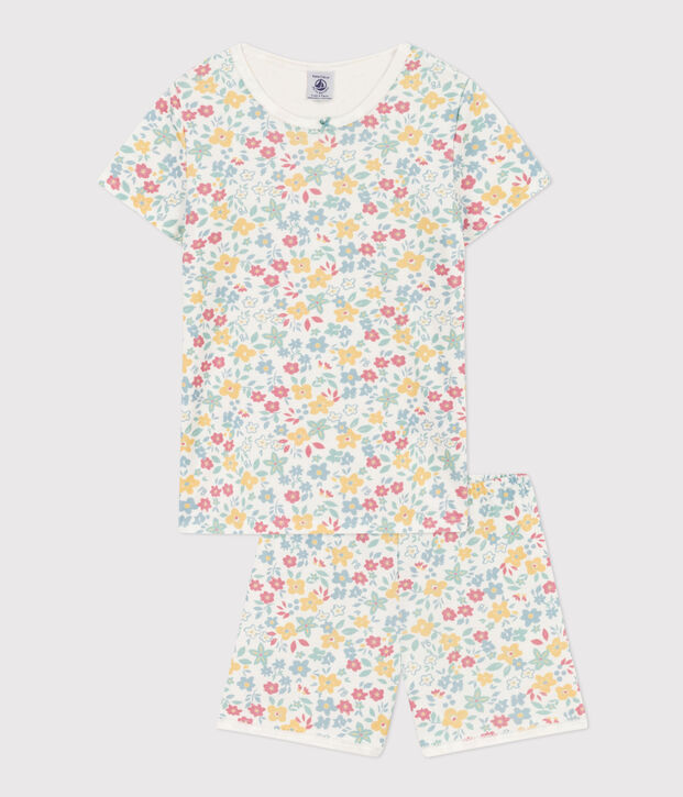 Kinder-Kurzpyjama aus Baumwolle mit Blumenmotiv f&uuml;r M&auml;dchen weiss/vielfarbig