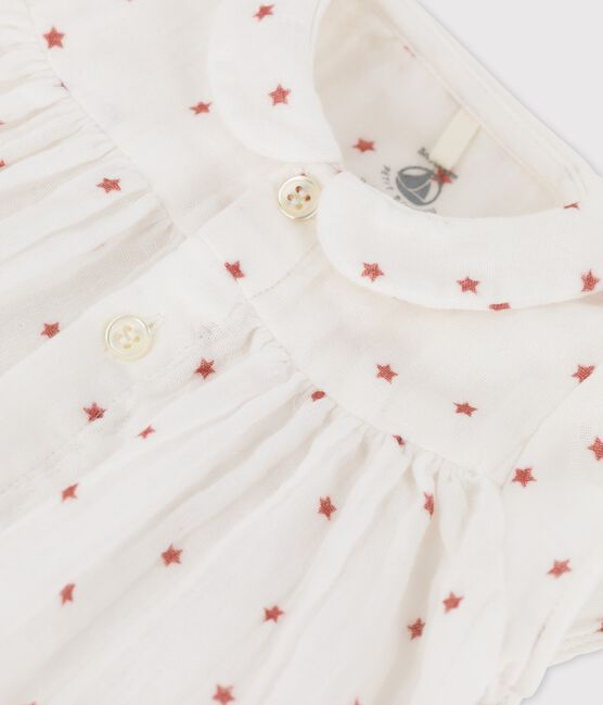 Kurzärmeliges, gestreiftes Babykleid aus Bio-Baumwollgaze weiss MARSHMALLOW/rot OMBRIE