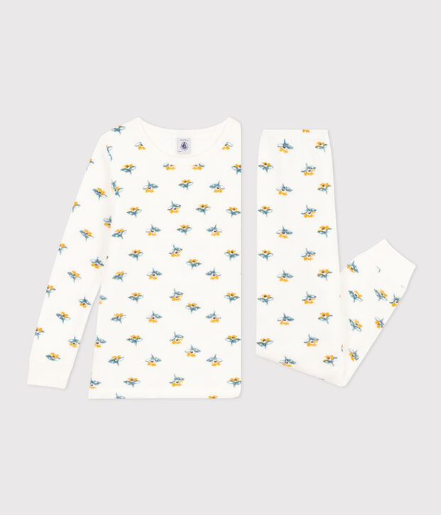 Kinderpyjama aus Frottee mit Blumenmotiv f&uuml;r M&auml;dchen weiss/vielfarbig