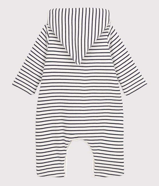Gestreifter Baby-Langoverall aus Baumwolle und mit Kapuze weiss MARSHMALLOW/blau SMOKING