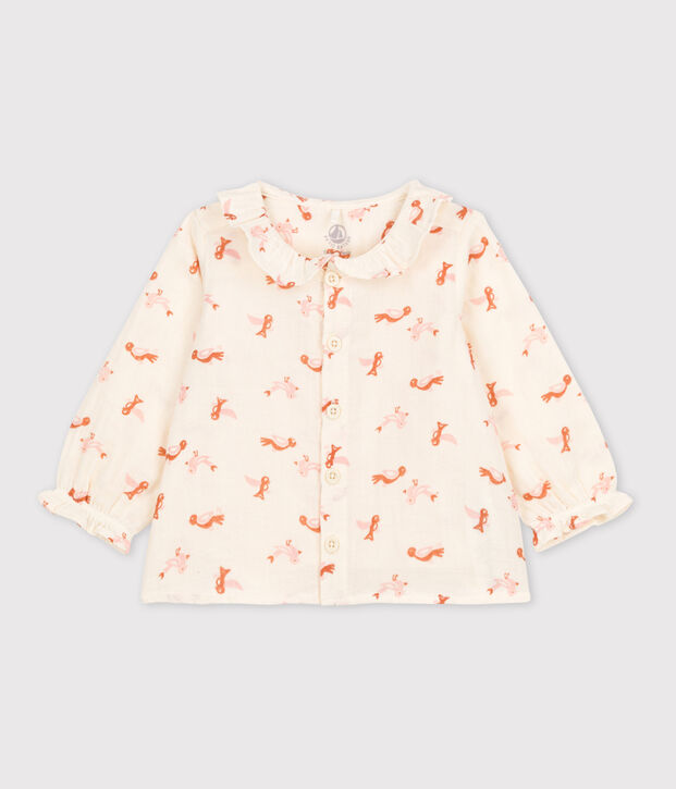 Lang&auml;rmelige Babybluse aus Musselin-Stoff mit Vogelmotiv naturfarben/vielfarbig
