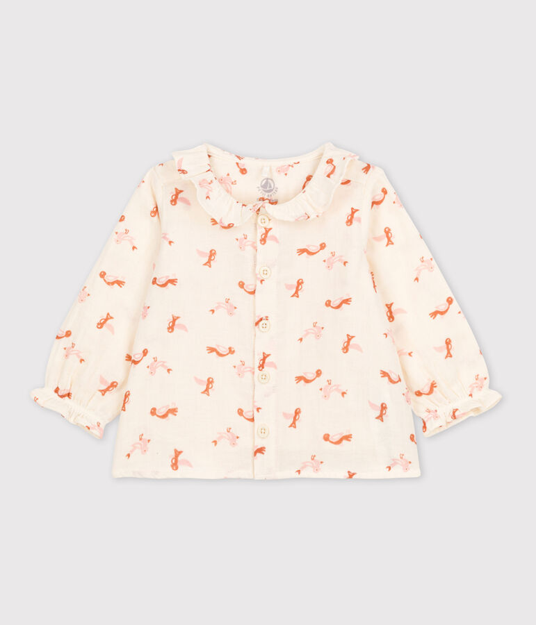 Lang&auml;rmelige Babybluse aus Musselin-Stoff mit Vogelmotiv naturfarben/vielfarbig