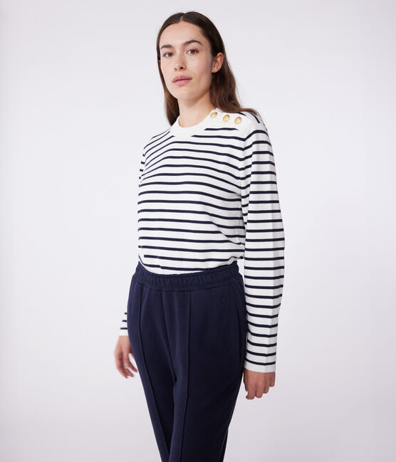 Damen-Marinepullover aus Baumwolle mit Streifen weiss MARSHMALLOW/blau SMOKING