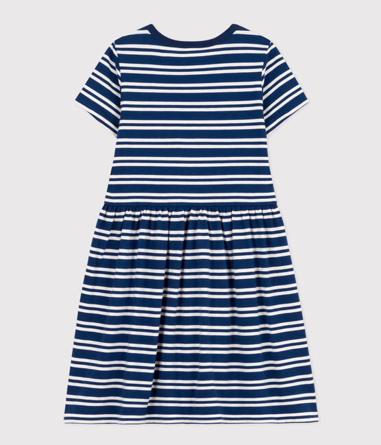 Kurzärmeliges gestreiftes Mädchenkleid aus Baumwolle blau MEDIEVAL/weiss MARSHMALLOW