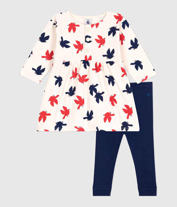 Lang&auml;rmeliges Baby-Kleid und Leggings mit Vogelmotiv. naturfarben/vielfarbig