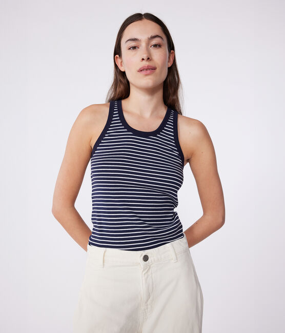 Damen-Tanktop L’Iconique aus gestreifter Baumwolle blau SMOKING/weiss MARSHMALLOW