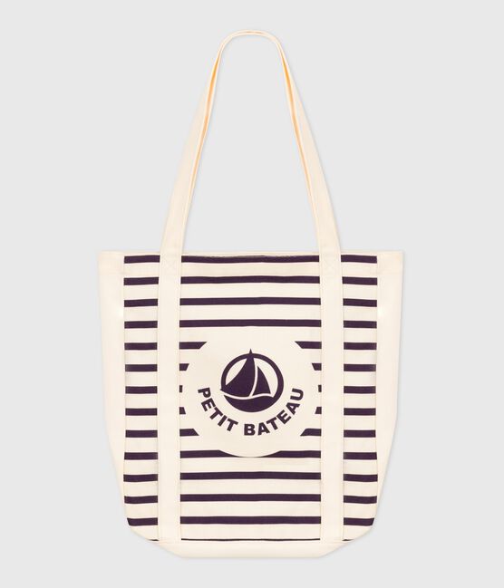 Damen-Tote Bag mit Streifen aus Leinenstoff blau MARSHMALLOW/ SOIR
