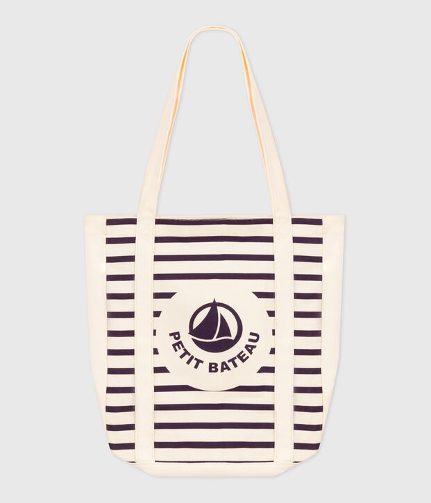 Damen-Tote Bag mit Streifen aus Leinenstoff blau/blau
