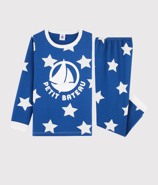 Kinderpyjama aus Molton mit Sternen blau MAJOR/weiss ECUME