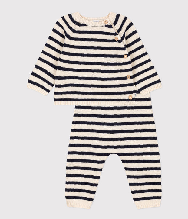 Baby-Set aus Woll- und Baumwoll-Strick mit Marinestreifen naturfarben/blau