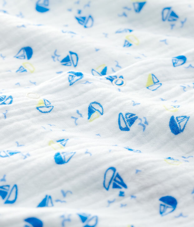 Langer Baby-Overall aus Bio-Baumwoll-Windelstoff mit Boot-Motiv weiss/vielfarbig