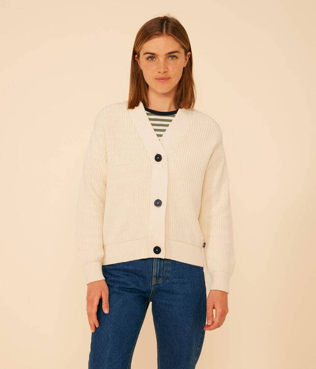 Damen-Cardigan mit Patentmuster aus Baumwolle naturfarben
