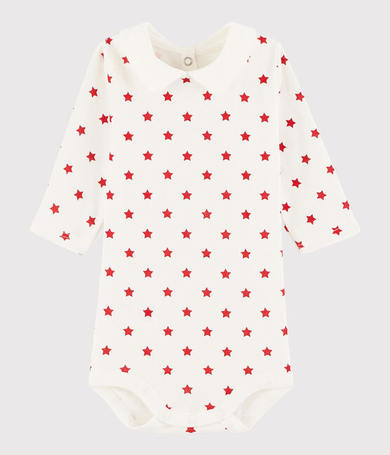 Langärmeliger Baby-Body Mädchen/Jungen weiss MARSHMALLOW/rot TERKUIT