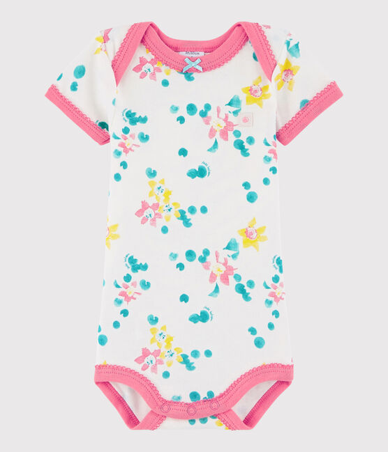 Kurzärmeliger Baby-Body Mädchen weiss MARSHMALLOW/weiss MULTICO