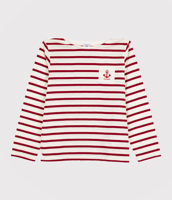 Gestreiftes T-Shirt für Mädchen und Jungen weiss MARSHMALLOW/rot PEPS